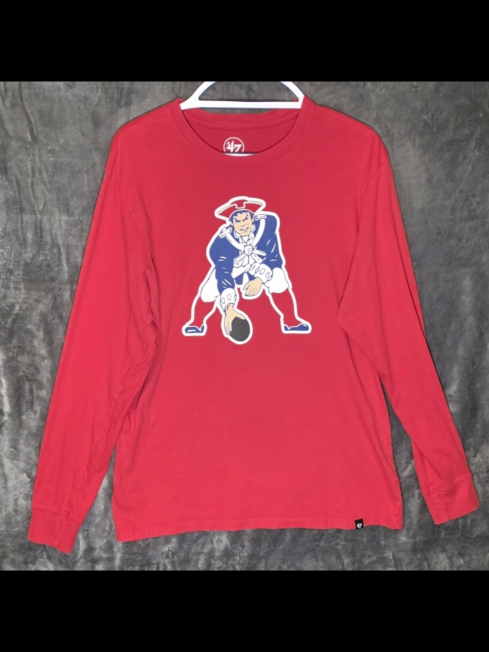 47 Brand Men’s Red Long-Sleeve Tee with Patriots Pat Patriot Graphic